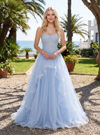 Sky Blue Tulle A-Line Sweetheart Lace-up Floor-Length Dress with Beaded Bodice - Curvevia