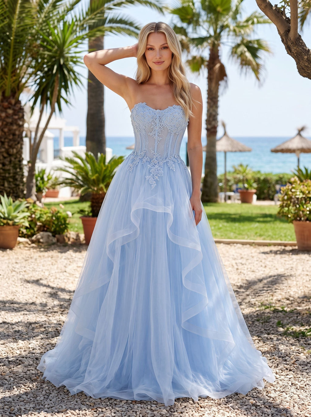 Sky Blue Tulle A-Line Sweetheart Lace-up Floor-Length Dress with Beaded Bodice - Curvevia