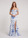 Blue Print Satin Mermaid Off-the-Shoulder Back Zip Floor-Length Dress with Slit - Curvevia