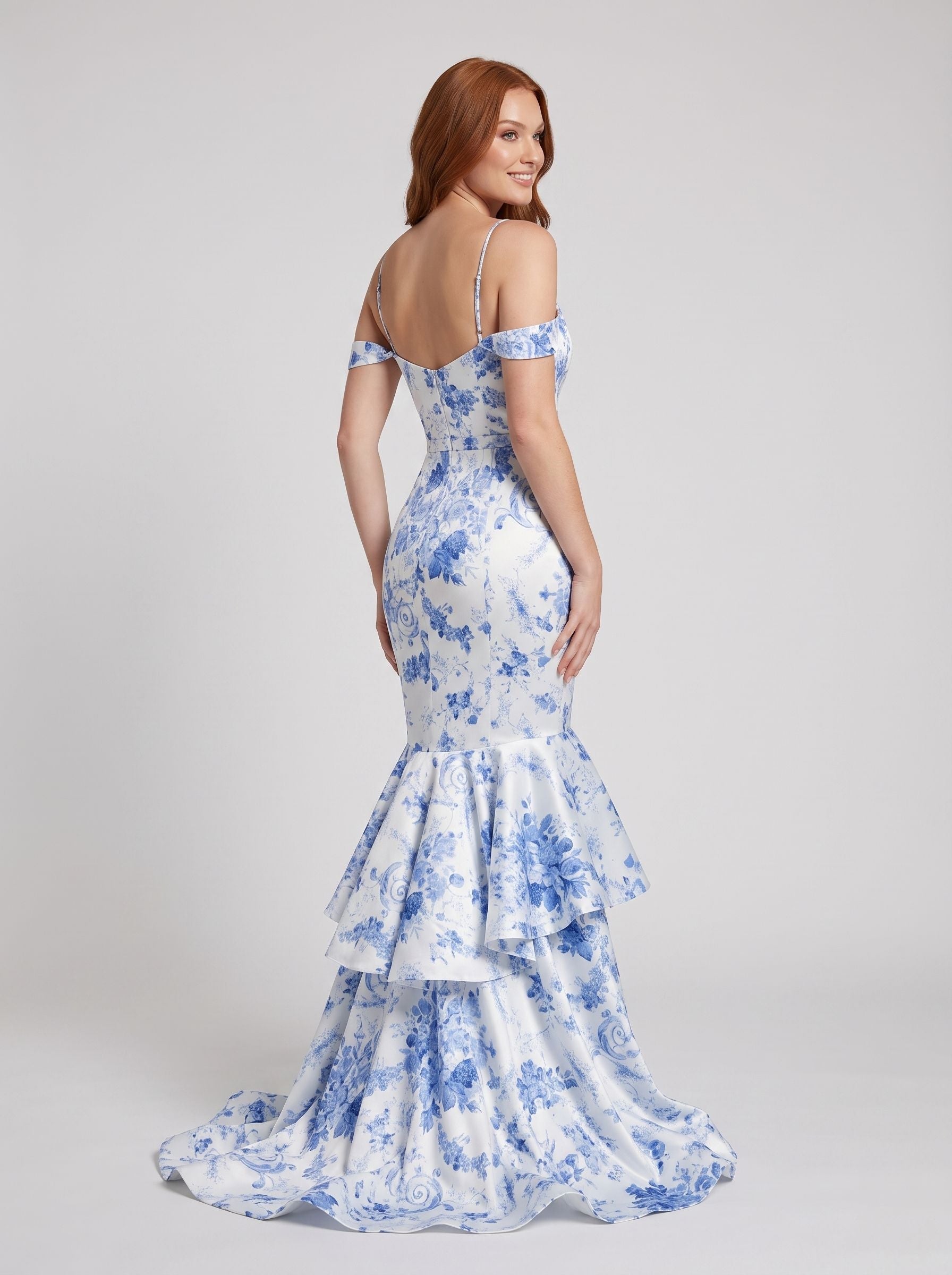 Blue Print Satin Mermaid Off-the-Shoulder Back Zip Floor-Length Dress with Slit - Curvevia