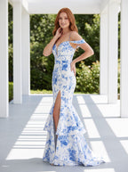 Blue Print Satin Mermaid Off-the-Shoulder Back Zip Floor-Length Dress with Slit - Curvevia