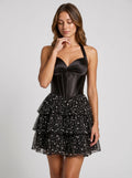 Black Satin A-Line Halter neckline Backless Short Dress with Pearl Beading - Curvevia