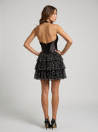 Black Satin A-Line Halter neckline Backless Short Dress with Pearl Beading - Curvevia