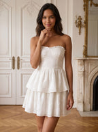 Ivory Chiffon A-Line Sweetheart Back Zip Short Dress with Tiered Ruffles - Curvevia