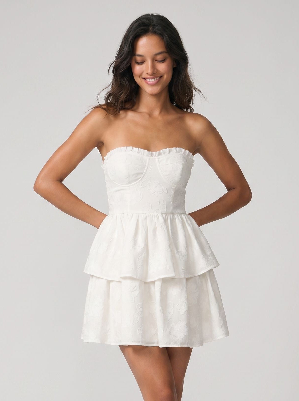 Ivory Chiffon A-Line Sweetheart Back Zip Short Dress with Tiered Ruffles - Curvevia