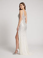 Ivory Sequins Sheath V-Neck V-Back Floor-Length Dress with Beaded Sheer Corset Bodice - Curvevia