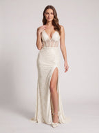 Ivory Sequins Sheath V-Neck V-Back Floor-Length Dress with Beaded Sheer Corset Bodice - Curvevia