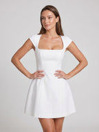 Ivory Satin A-Line Square Neck Back Zip Short Dress with Bubble Hem - Curvevia