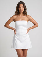 Ivory Matte Satin A-Line Straight Neck Back Zip Short Dress with Ruched Waist - Curvevia