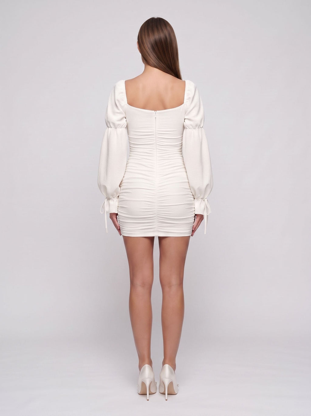 Ivory Crepe Sheath V-Neck Back Zip Short Dress with Puff sleeves - Curvevia