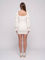 Ivory Crepe Sheath V-Neck Back Zip Short Dress with Puff sleeves - Curvevia