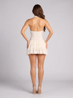 Ivory Lace A-Line Halter neckline Backless Short Dress with Layered Ruffles - Curvevia