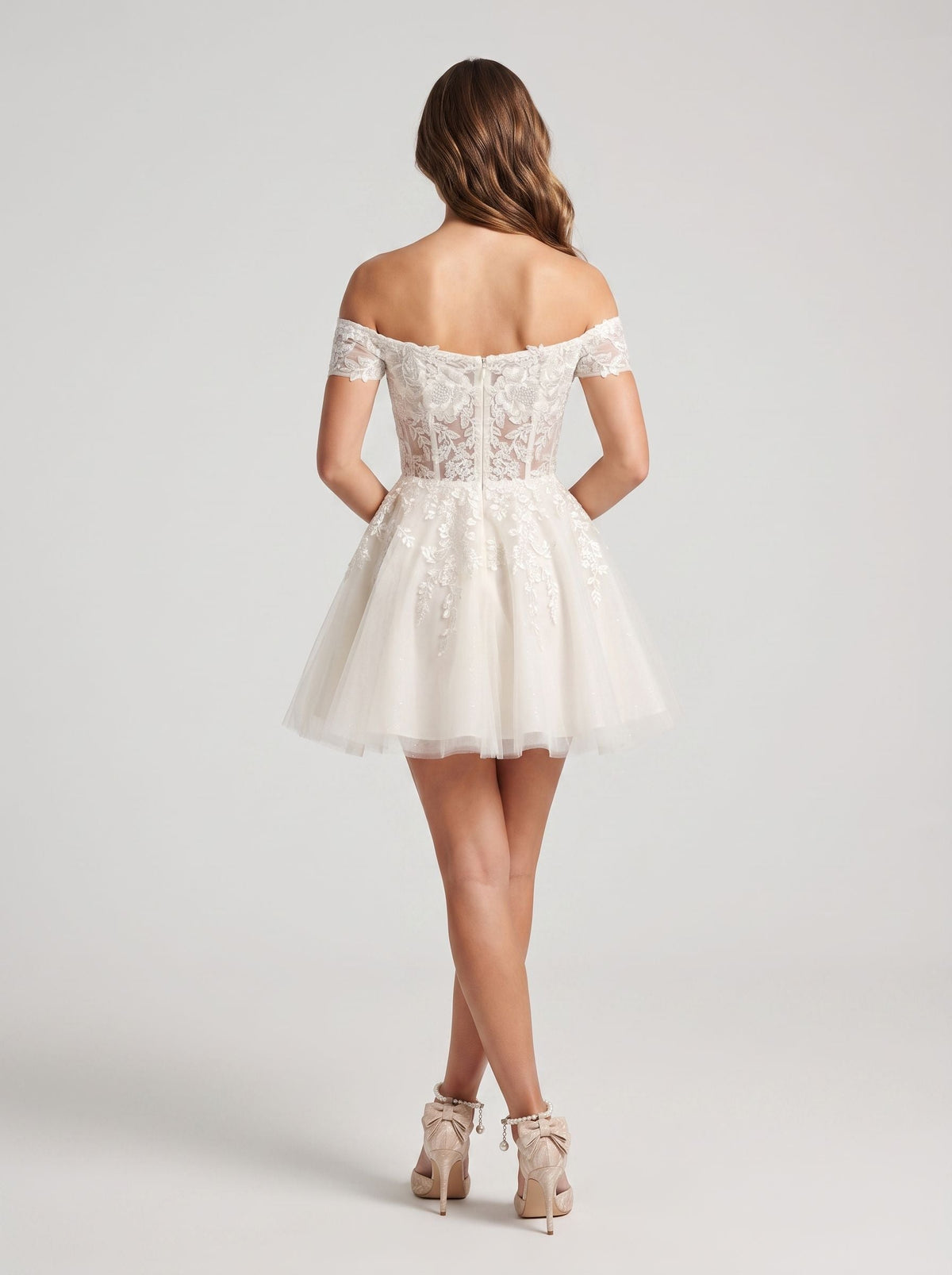 Ivory Lace A-Line Off-the-Shoulder Back Zip Short Dress with Applique - Curvevia