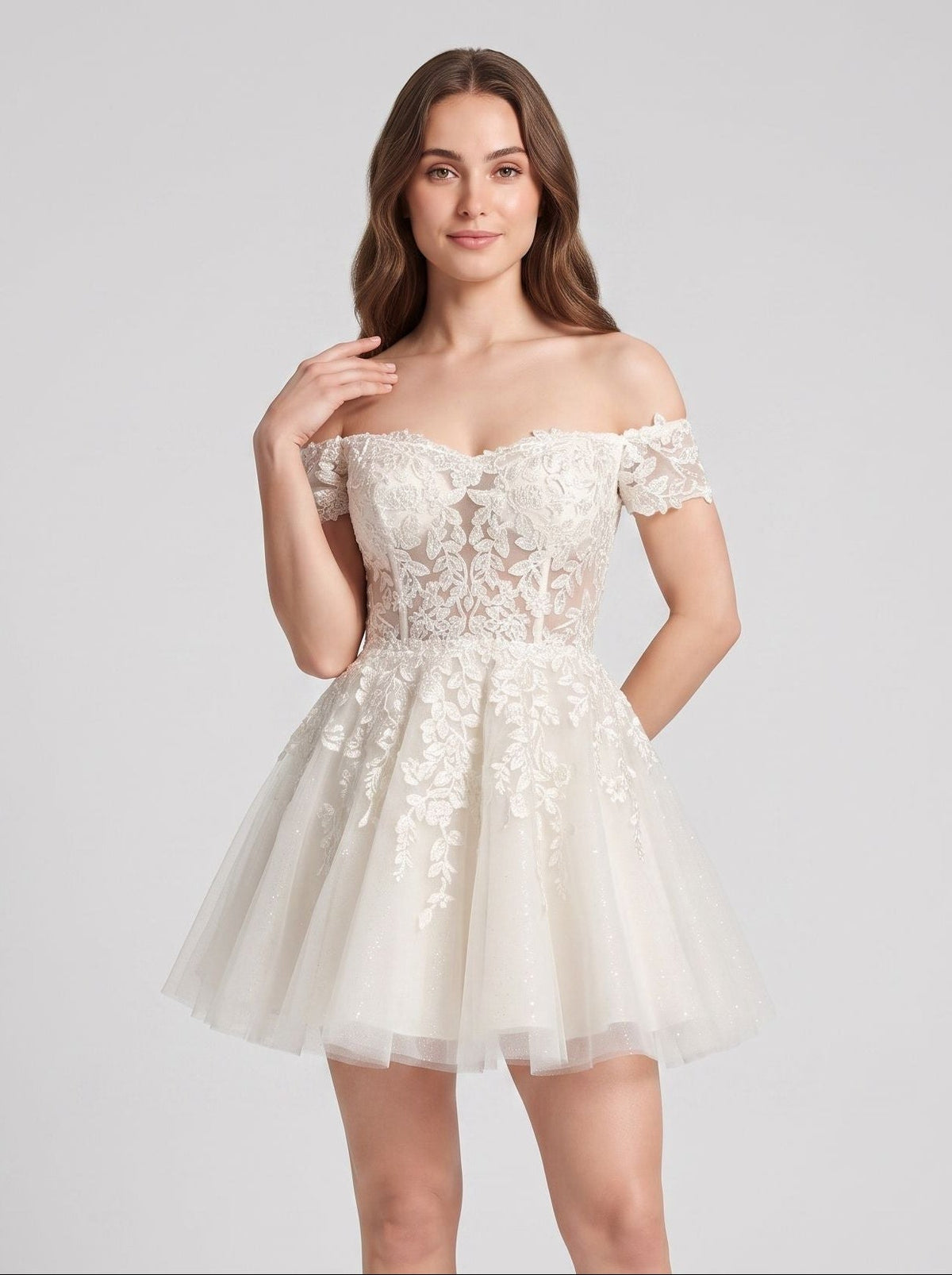 Ivory Lace A-Line Off-the-Shoulder Back Zip Short Dress with Applique - Curvevia