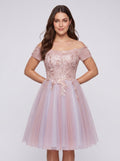 Pink Lace A-Line Off-the-Shoulder Criss-Cross Straps Short Dress with Appliques - Curvevia
