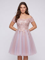 Pink Lace A-Line Off-the-Shoulder Criss-Cross Straps Short Dress with Appliques - Curvevia