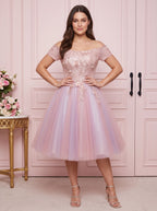 Pink Lace A-Line Off-the-Shoulder Criss-Cross Straps Short Dress with Appliques - Curvevia