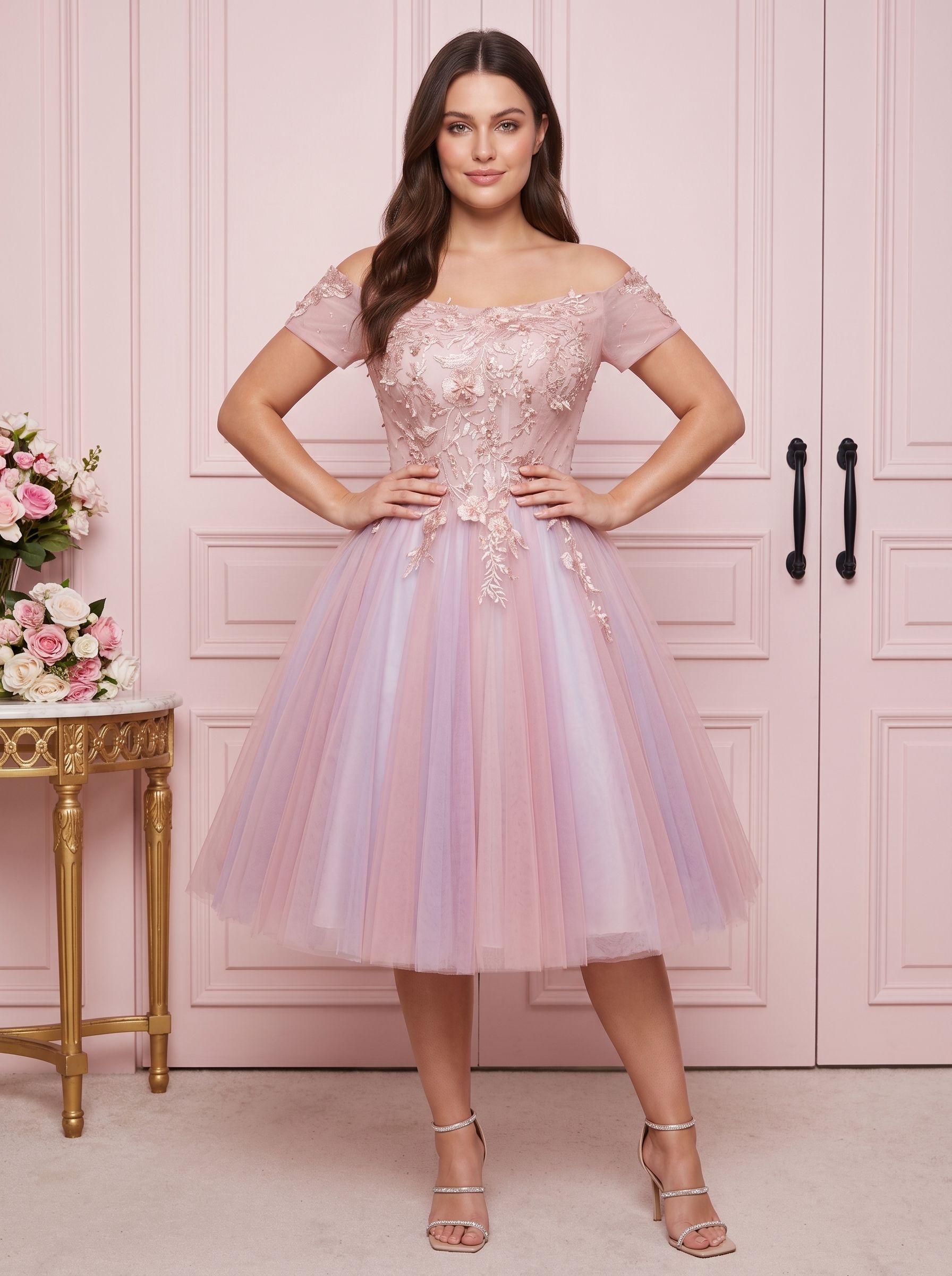 Pink Lace A-Line Off-the-Shoulder Criss-Cross Straps Short Dress with Appliques - Curvevia