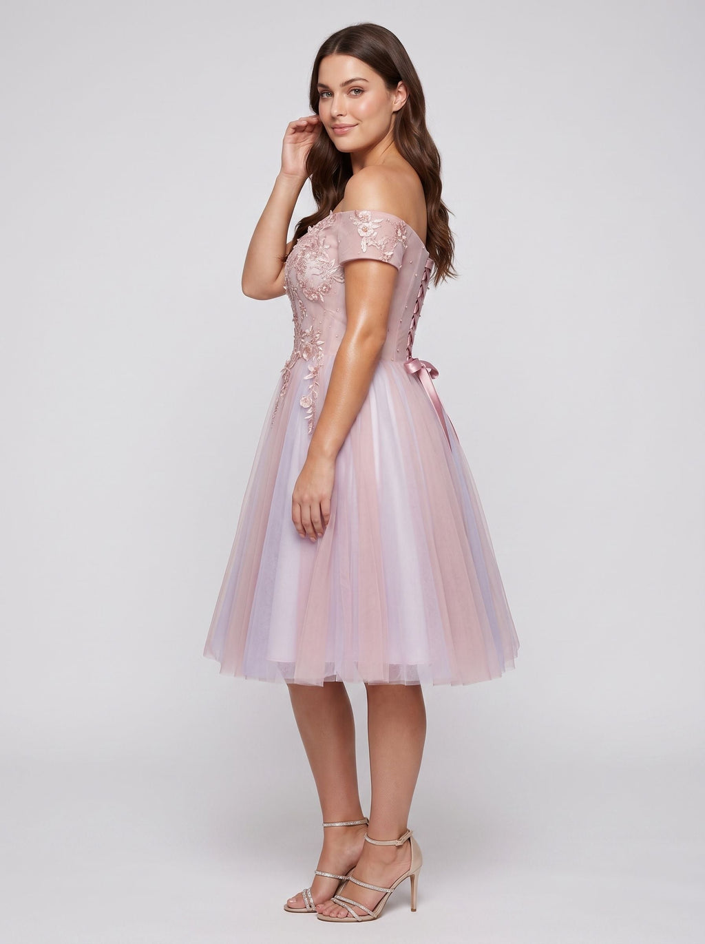 Pink Lace A-Line Off-the-Shoulder Criss-Cross Straps Short Dress with Appliques - Curvevia