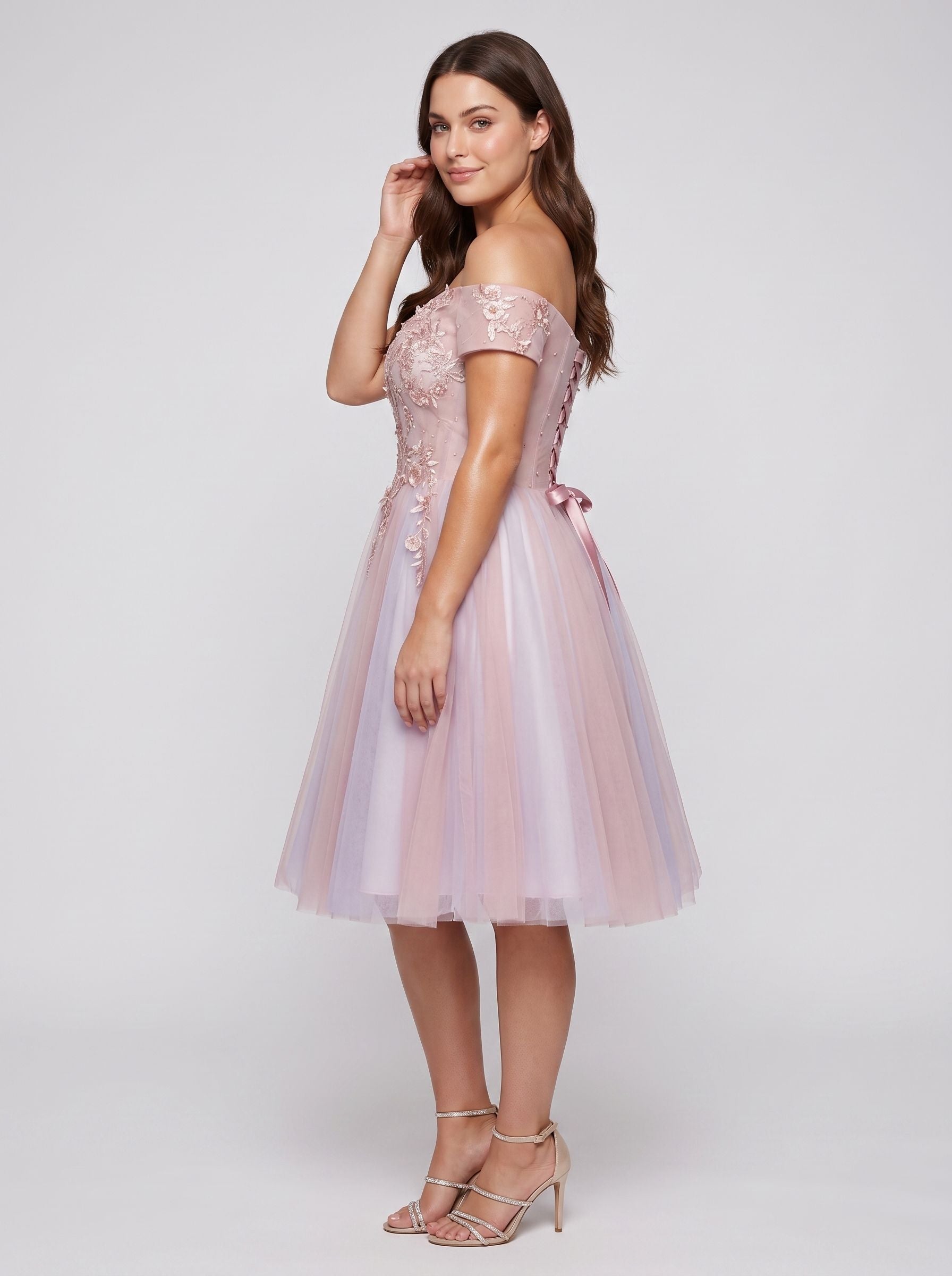 Pink Lace A-Line Off-the-Shoulder Criss-Cross Straps Short Dress with Appliques - Curvevia