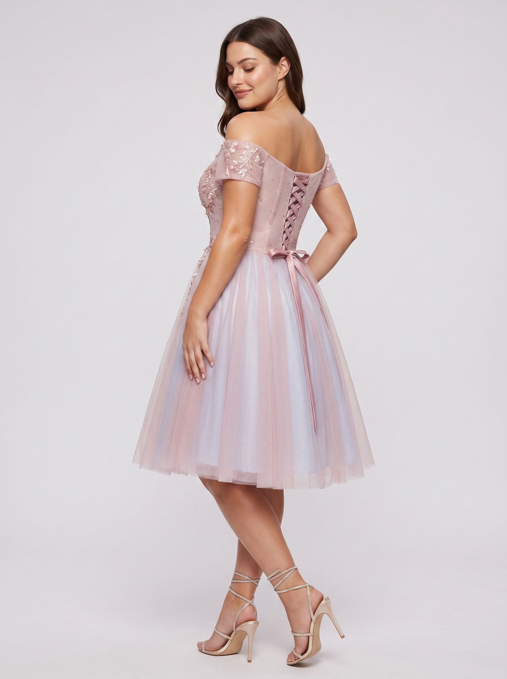 Pink Lace A-Line Off-the-Shoulder Criss-Cross Straps Short Dress with Appliques - Curvevia