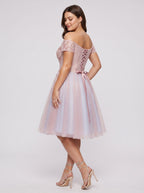 Pink Lace A-Line Off-the-Shoulder Criss-Cross Straps Short Dress with Appliques - Curvevia