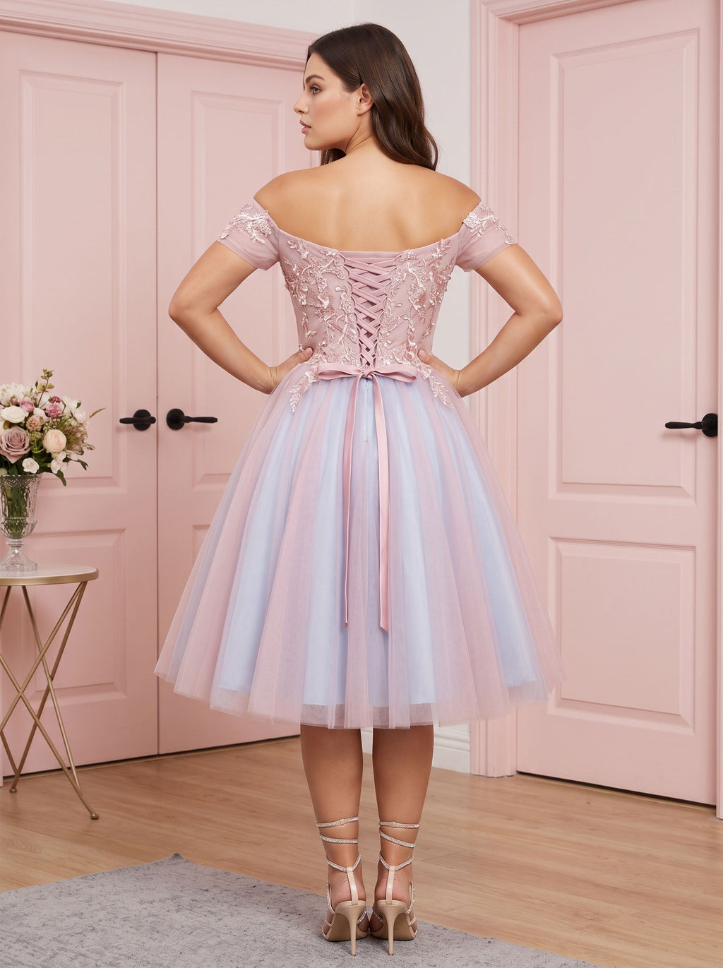 Pink Lace A-Line Off-the-Shoulder Criss-Cross Straps Short Dress with Appliques - Curvevia