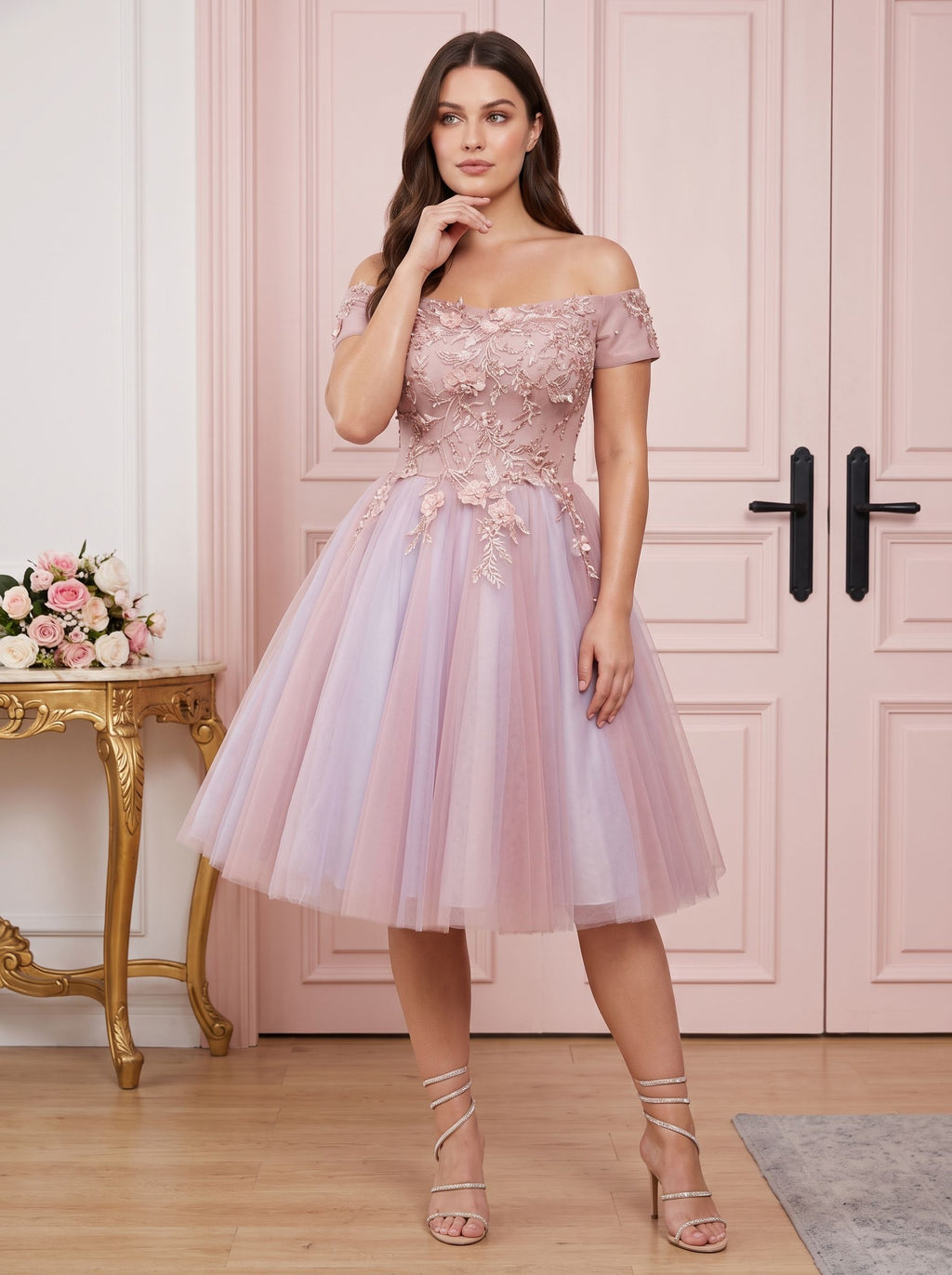 Pink Lace A-Line Off-the-Shoulder Criss-Cross Straps Short Dress with Appliques - Curvevia