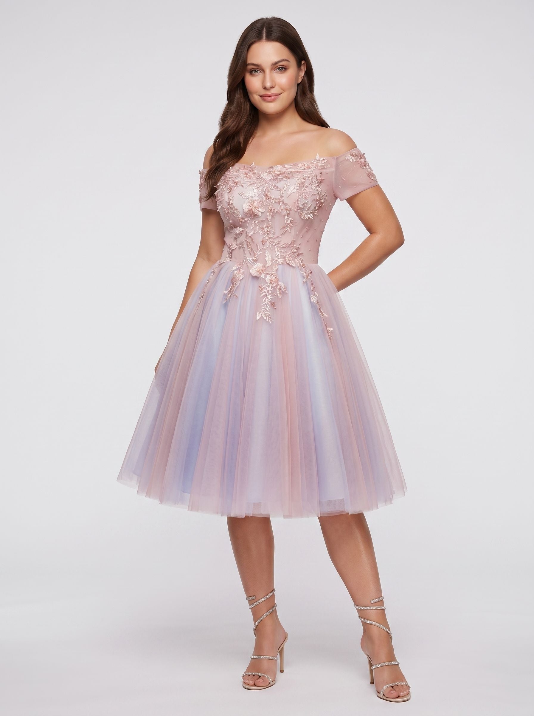 Pink Lace A-Line Off-the-Shoulder Criss-Cross Straps Short Dress with Appliques - Curvevia