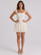 Ivory Lace A-Line Square Neck Backless Short Dress with Tiered Ruffles - Curvevia