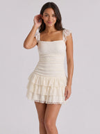 Ivory Lace A-Line Square Neck Backless Short Dress with Tiered Ruffles - Curvevia