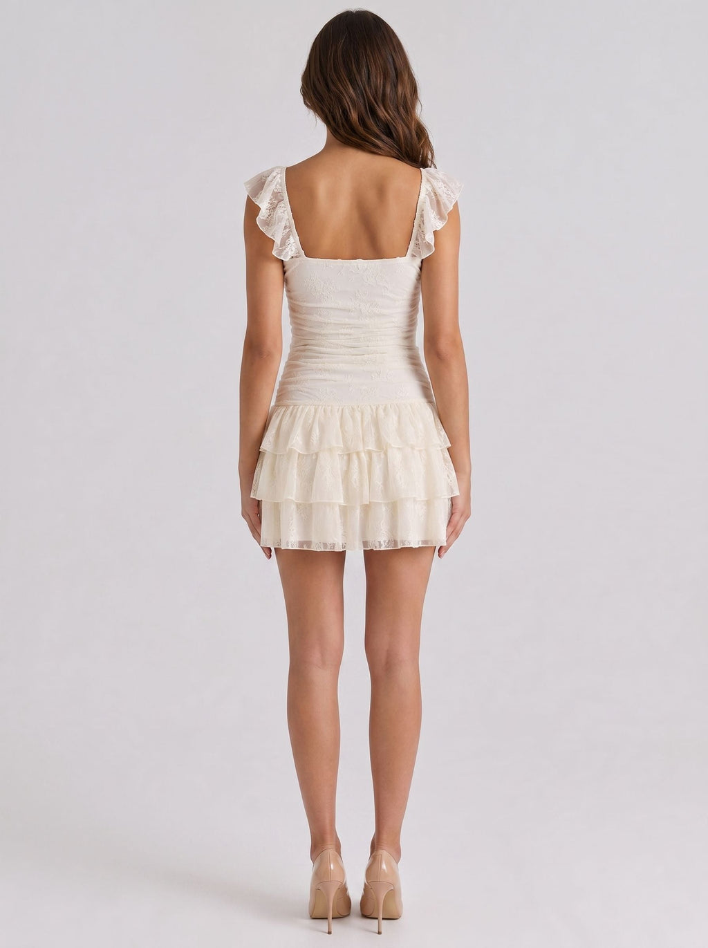 Ivory Lace A-Line Square Neck Backless Short Dress with Tiered Ruffles - Curvevia
