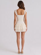Ivory Lace A-Line Square Neck Backless Short Dress with Tiered Ruffles - Curvevia