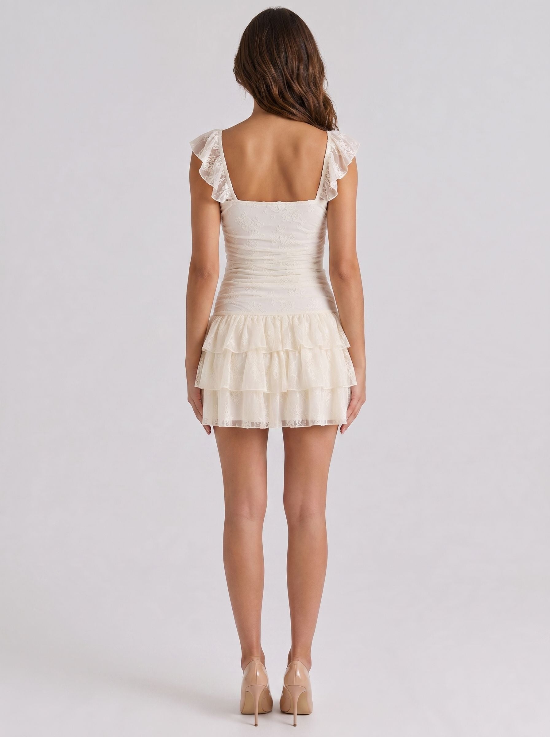 Ivory Lace A-Line Square Neck Backless Short Dress with Tiered Ruffles - Curvevia