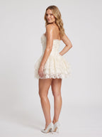 Ivory Lace A-Line Straight Neck Back Zip Short Dress with Tiered Ruffles - Curvevia