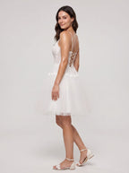 Ivory Lace A-Line V-Neck Lace-up Short Dress with Tulle Skirt - Curvevia