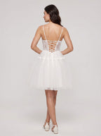 Ivory Lace A-Line V-Neck Lace-up Short Dress with Tulle Skirt - Curvevia
