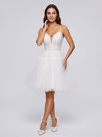 Ivory Lace A-Line V-Neck Lace-up Short Dress with Tulle Skirt - Curvevia
