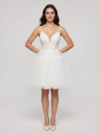 Ivory Lace A-Line V-Neck Lace-up Short Dress with Tulle Skirt - Curvevia