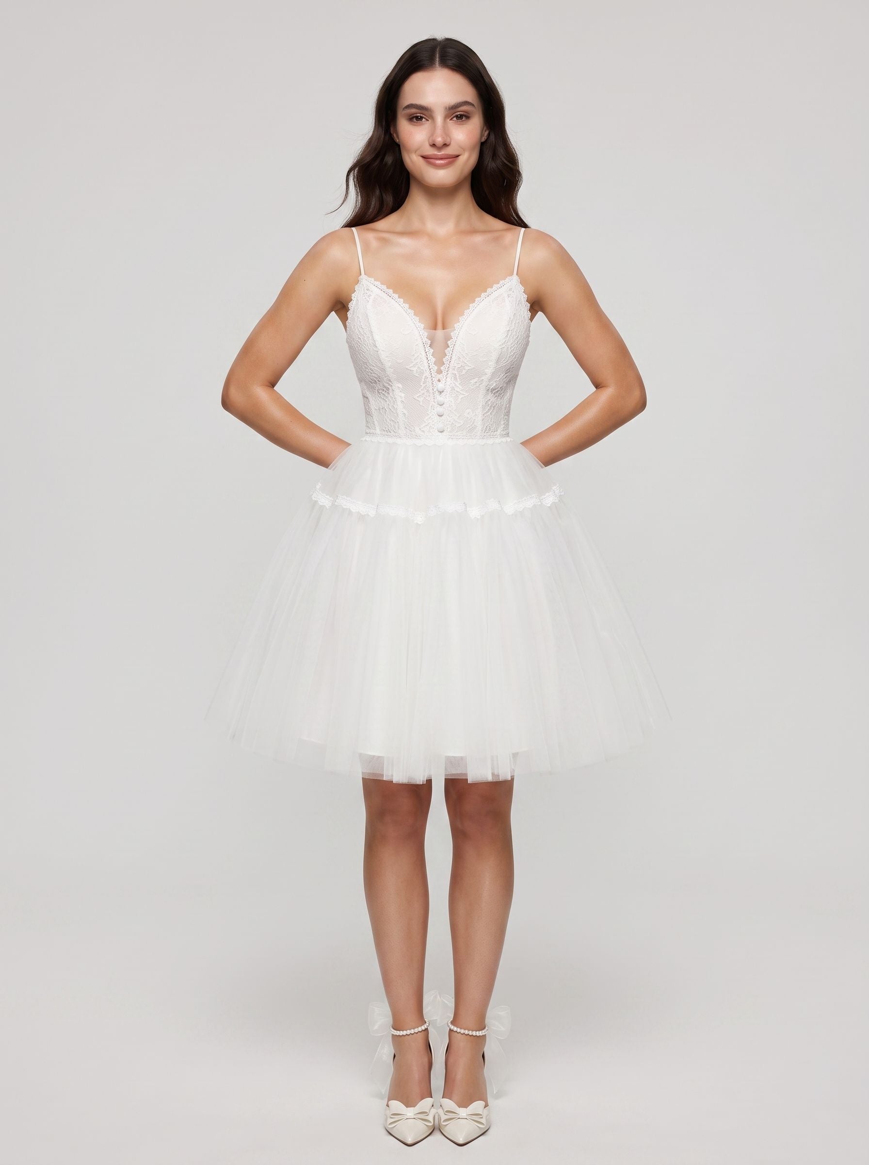 Ivory Lace A-Line V-Neck Lace-up Short Dress with Tulle Skirt - Curvevia