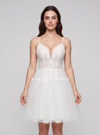 Ivory Lace A-Line V-Neck Lace-up Short Dress with Tulle Skirt - Curvevia