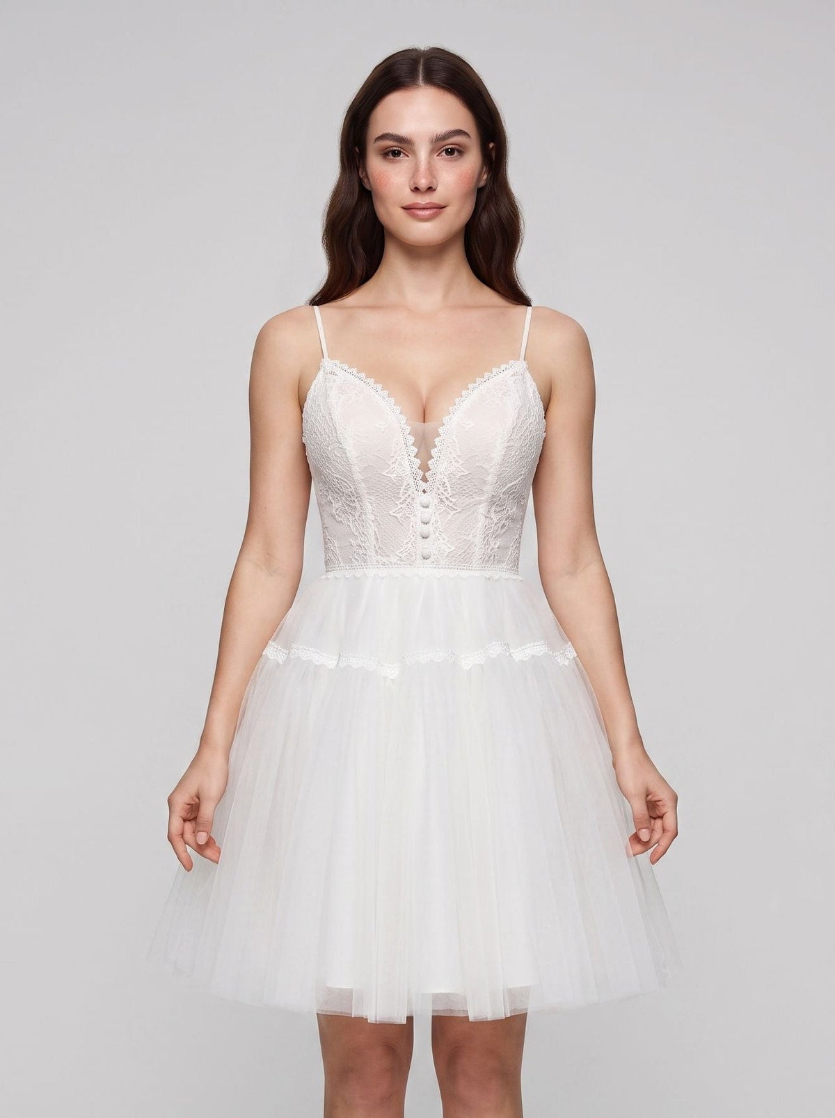 Ivory Lace A-Line V-Neck Lace-up Short Dress with Tulle Skirt - Curvevia