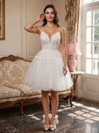 Ivory Lace A-Line V-Neck Lace-up Short Dress with Tulle Skirt - Curvevia