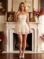 Ivory Lace A-Line Straight Neck Back Zip Short Dress with Tiered Ruffles - Curvevia