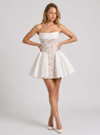 Ivory Lace A-Line Straight Neck Lace-up Short Dress with Bubble Skirt - Curvevia