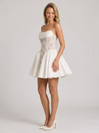 Ivory Lace A-Line Straight Neck Lace-up Short Dress with Bubble Skirt - Curvevia