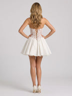Ivory Lace A-Line Straight Neck Lace-up Short Dress with Bubble Skirt - Curvevia