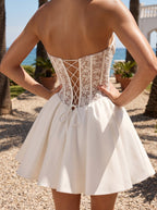 Ivory Lace A-Line Straight Neck Lace-up Short Dress with Bubble Skirt - Curvevia