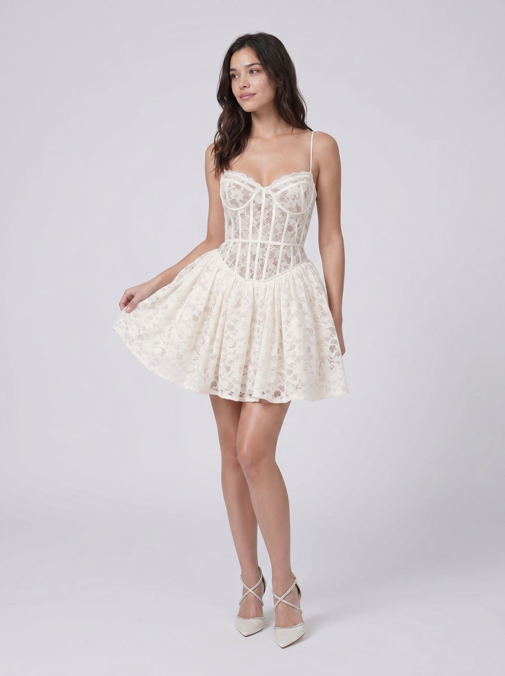 Ivory Lace A-Line Sweetheart Back Zip Short Dress with Ruffle Trim - Curvevia