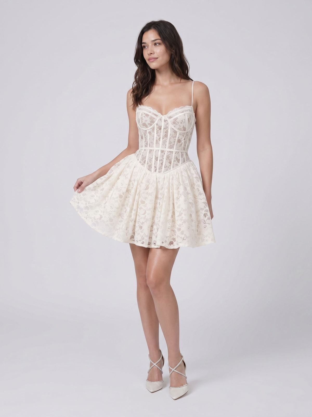 Ivory Lace A-Line Sweetheart Back Zip Short Dress with Ruffle Trim - Curvevia